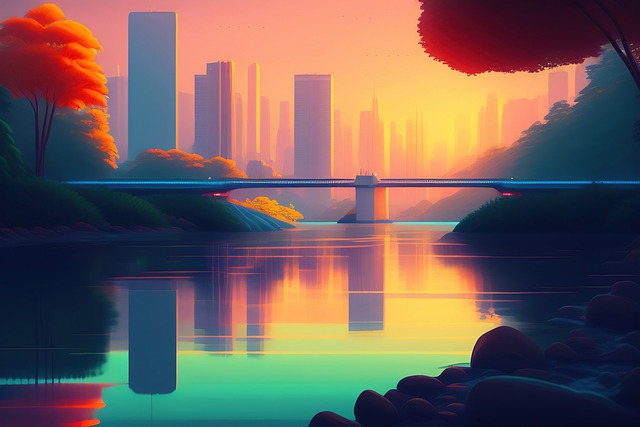 落日 黄昏 城市 插画